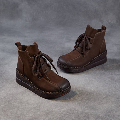 Women's Retro Plain Leather Wedge Ankle Boots