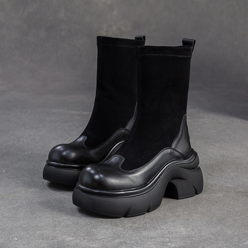 Women's Minimalist Retro Leather Elastic Mid-Calf Boots-RAIIFY