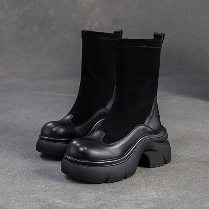 Women's Minimalist Retro Leather Elastic Mid-Calf Boots-RAIIFY