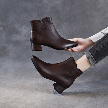 Women's Pointed-Toe Block-Heel Leather Ankle Boots