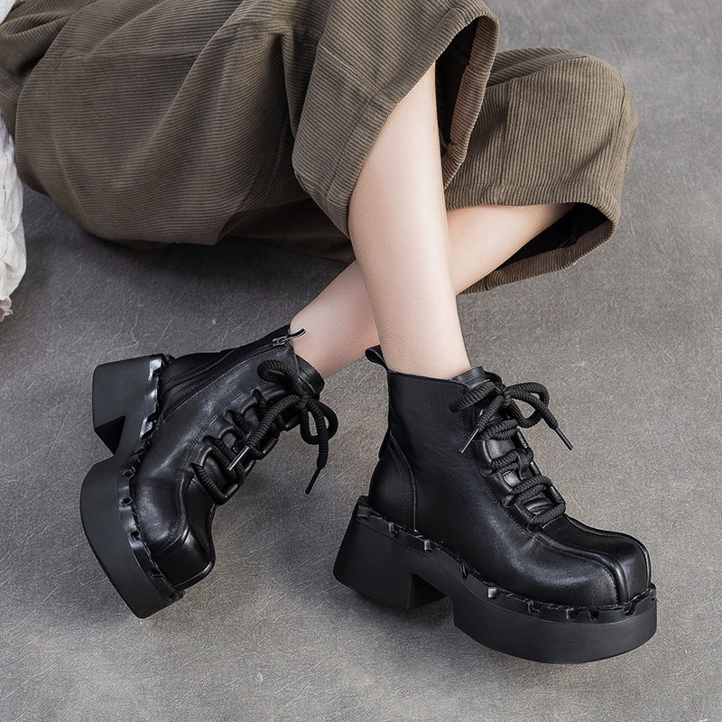 Women's Retro Leather Chunky Heel Boots