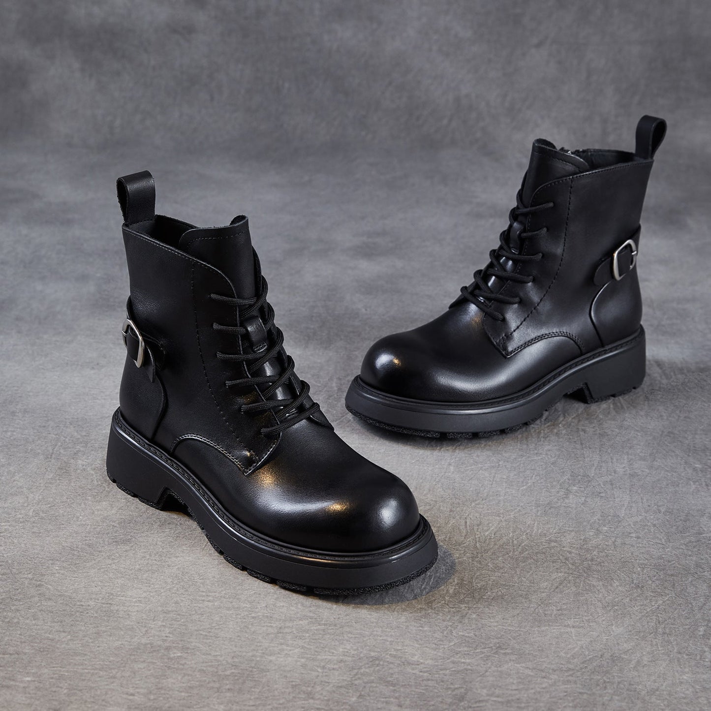 Women's Retro Plain Leather Buckle Ankle Boots