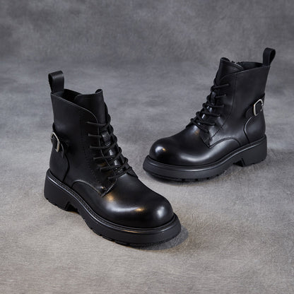 Women's Retro Plain Leather Buckle Ankle Boots