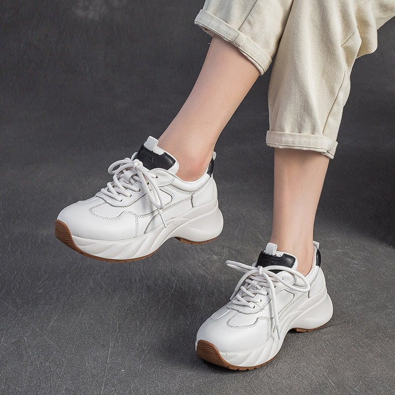 Women's Minimalism Plain Leather Platform Casual Sneakers