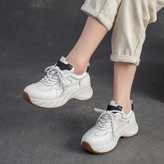 Women's Minimalism Plain Leather Platform Casual Sneakers