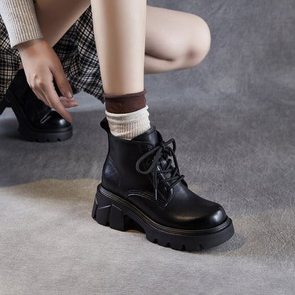 Women's Cowhide Leather Chunky Heel Ankle Boots