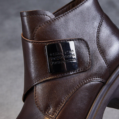 Women's Casual Leather Metal Velcro Ankle Boots