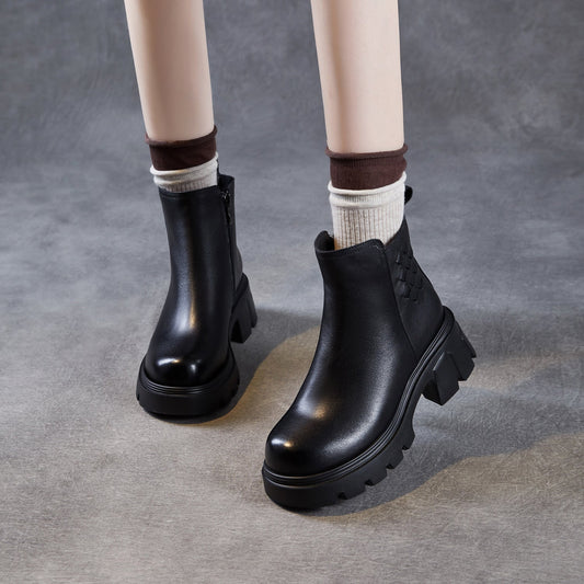 Women's Minimalist Woven Plain leather Platform Ankle Boots