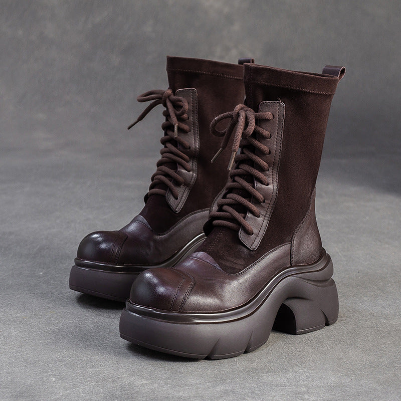 Women's Casual Leather Mid-Calf Platform Boots-RAIIFY