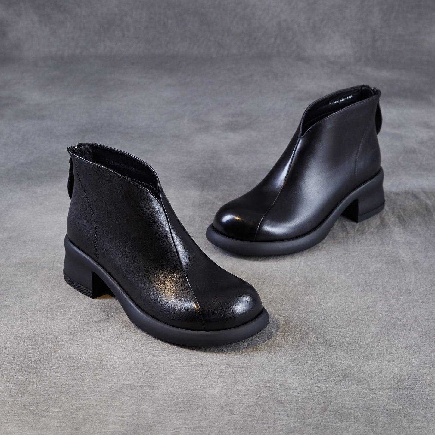 Women's Retro Plain Leather Low Block Ankle Boots