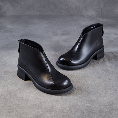 Women's Retro Plain Leather Low Block Ankle Boots