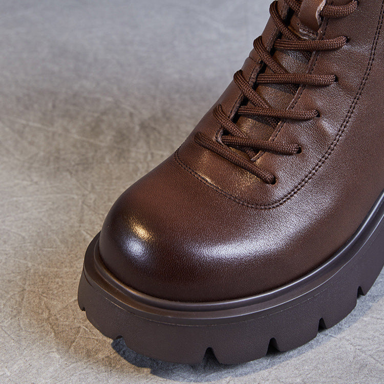 Women's Casual Plain Leather Platform Boots