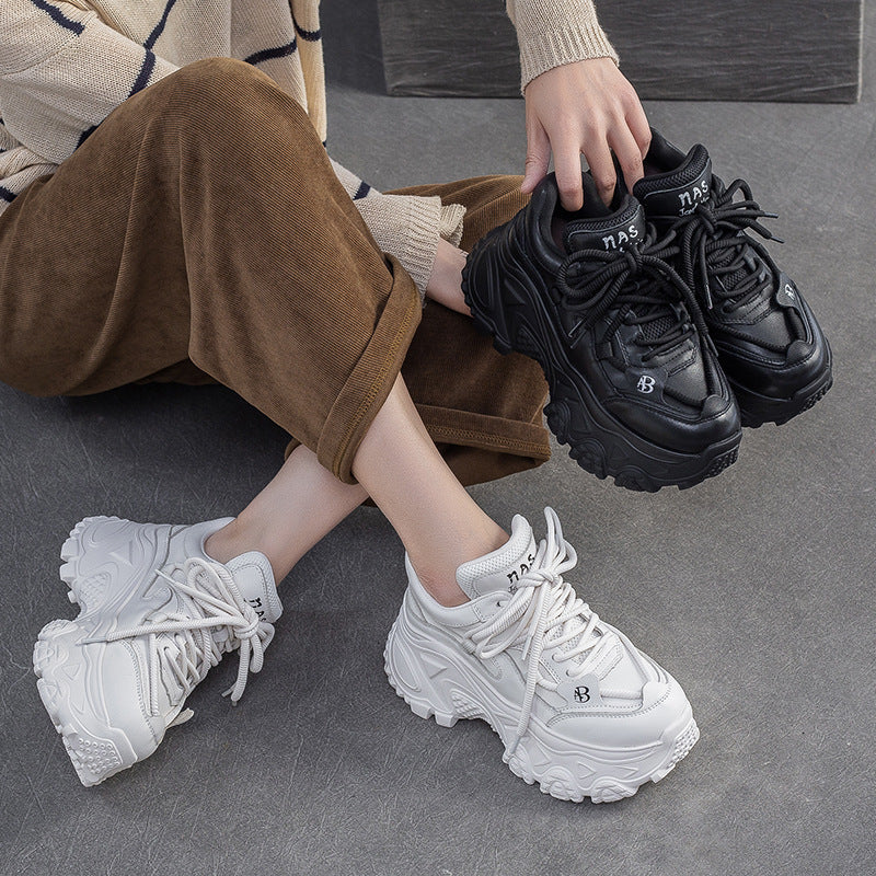 Women's Retro Plain Leather Chunky Platform Sneakers