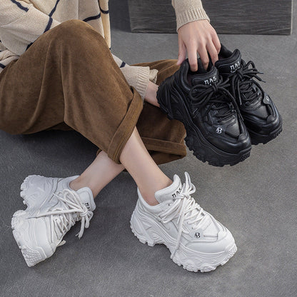 Women's Retro Plain Leather Chunky Platform Sneakers