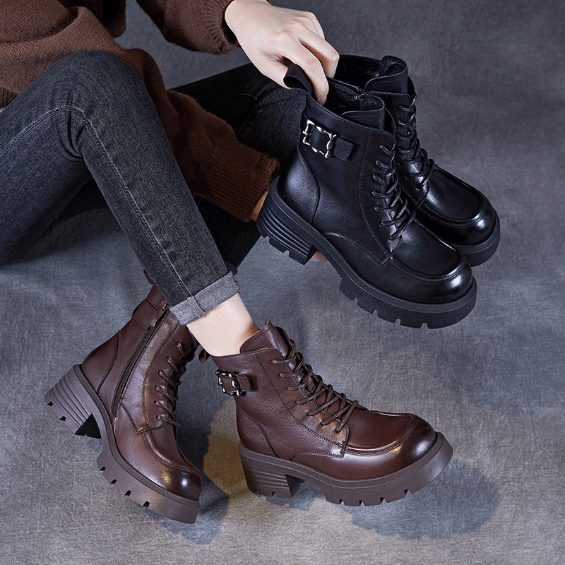 Women's Vintage Buckle Leather Platform Boots