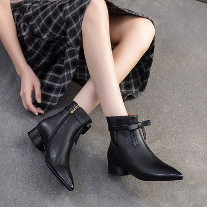 Women's Vintage Plain Leather Pointed Toe Ankle Boots