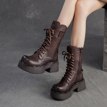 Women's Plain Leather Comfort Platform Riding Boots