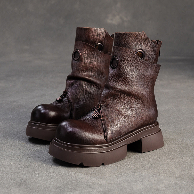 Women's Minimalist Leather Retro Casual Motorcycle Boots-RAIIFY