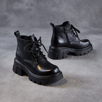 Women's Cowhide Leather Chunky Heel Ankle Boots