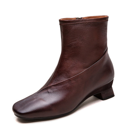 Women's Retro Plain Leather Casual Low Block Boots