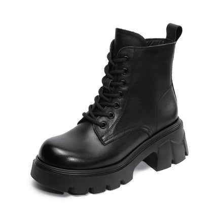 Women's Minimalist Plain Leather Chunky Platform Boots-RAIIFY