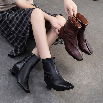 Women's Retro Plain Leather Casual Low Block Boots