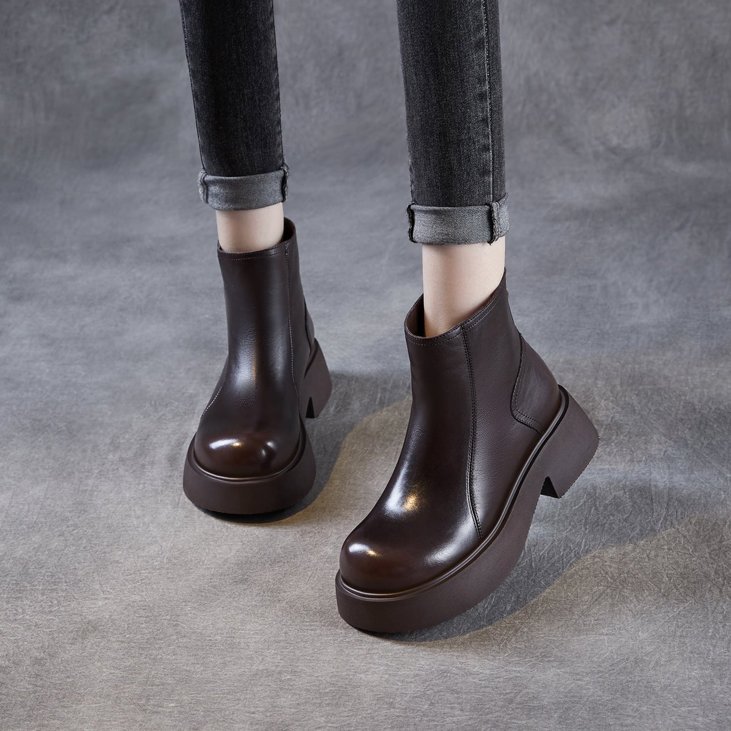 Women's Retro Plain Leather Ankle Platform Boots