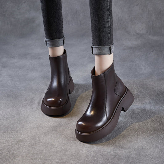 Women's Retro Plain Leather Ankle Platform Boots
