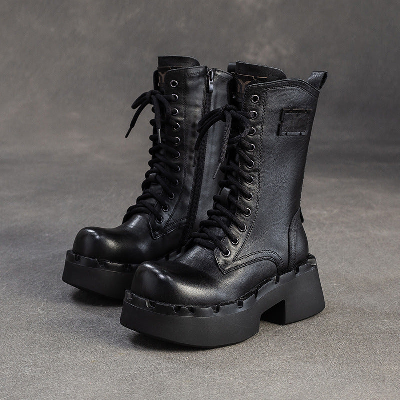 Women's Plain Leather Comfort Platform Riding Boots-RAIIFY