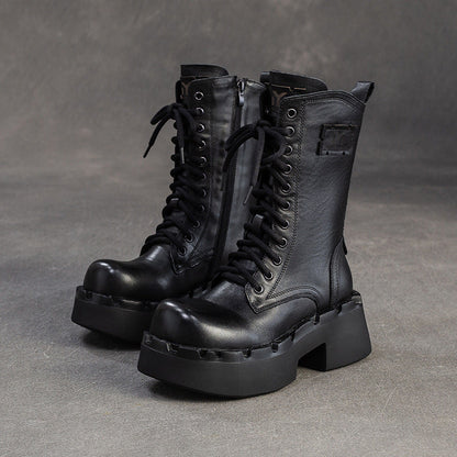 Women's Plain Leather Comfort Platform Riding Boots-RAIIFY