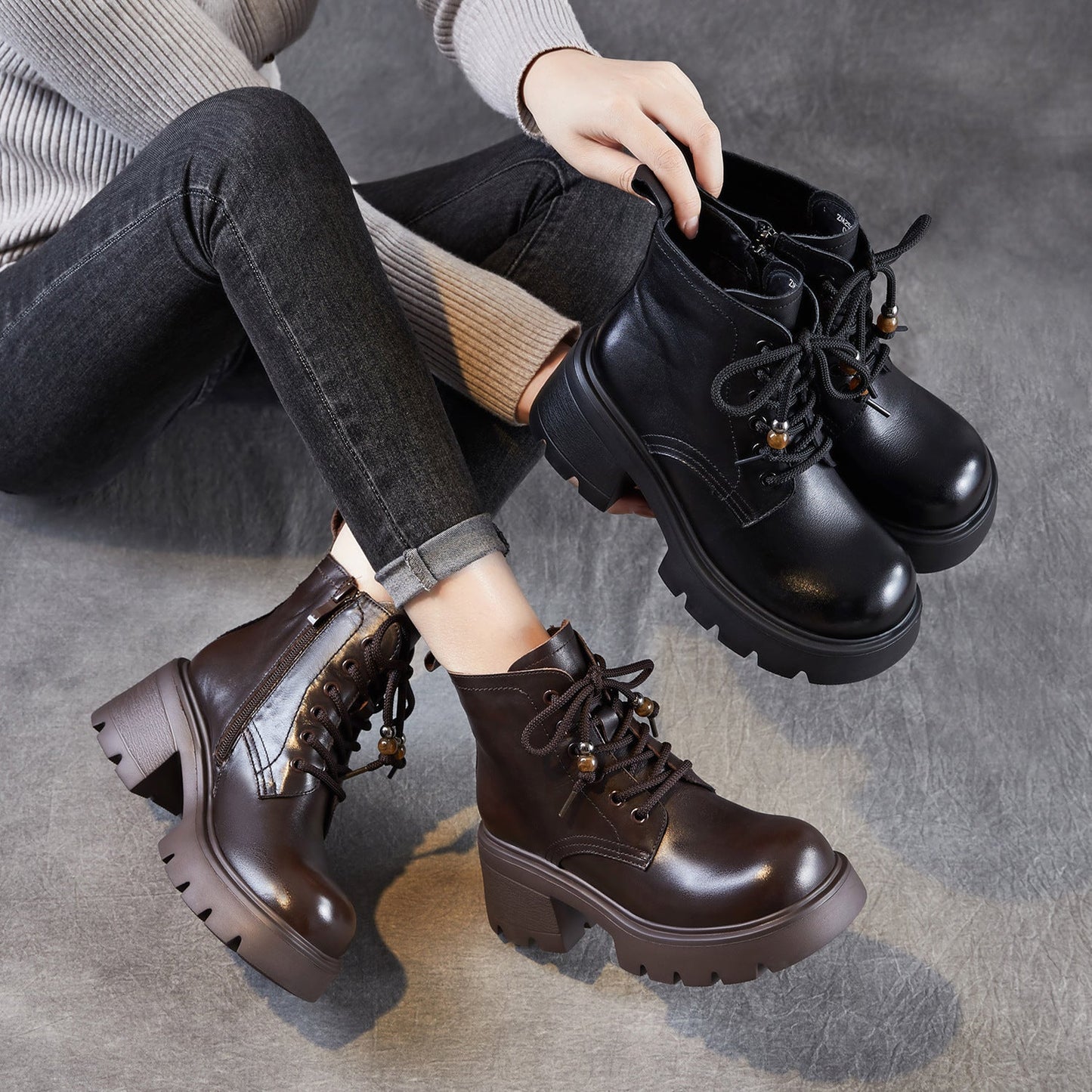 Women's Vintage Leather Chunky Heel Boots