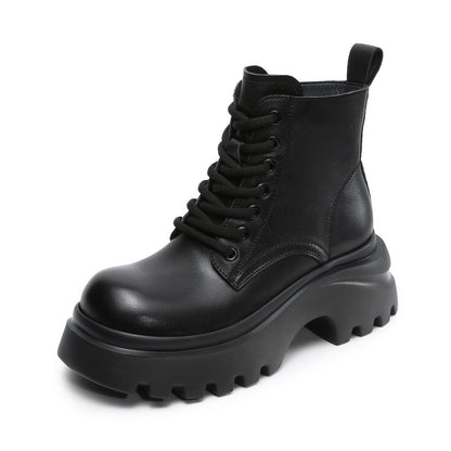 Women's Retro Plain Leather Chunky Platform Boots-RAIIFY