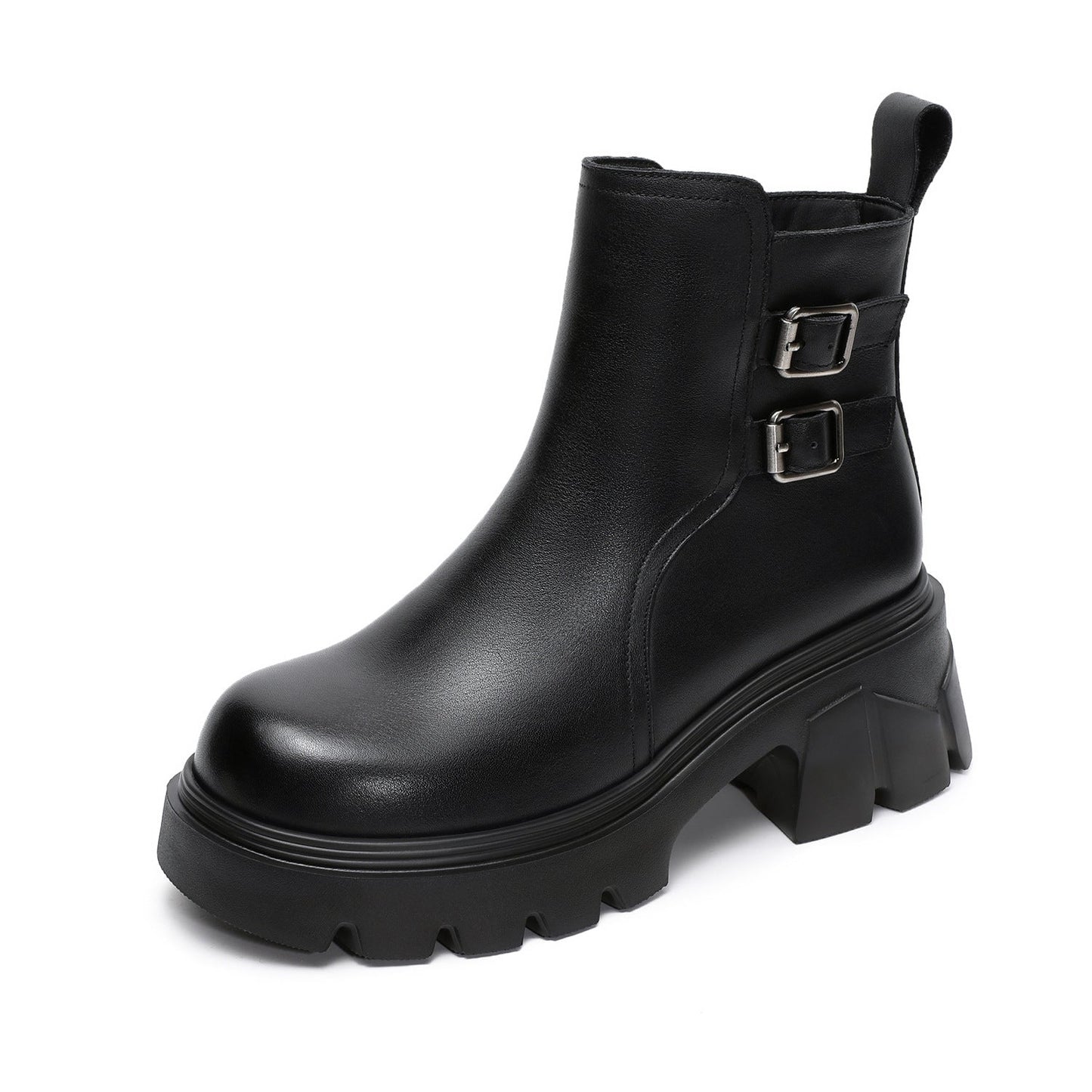 Women's Classic Plain Leather Buckle Platform Ankle Boots-RAIIFY