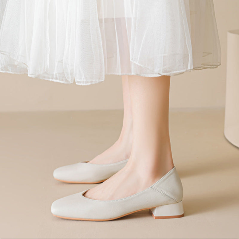 Women's Minimalist Plain Leather Chunky Heel Pumps