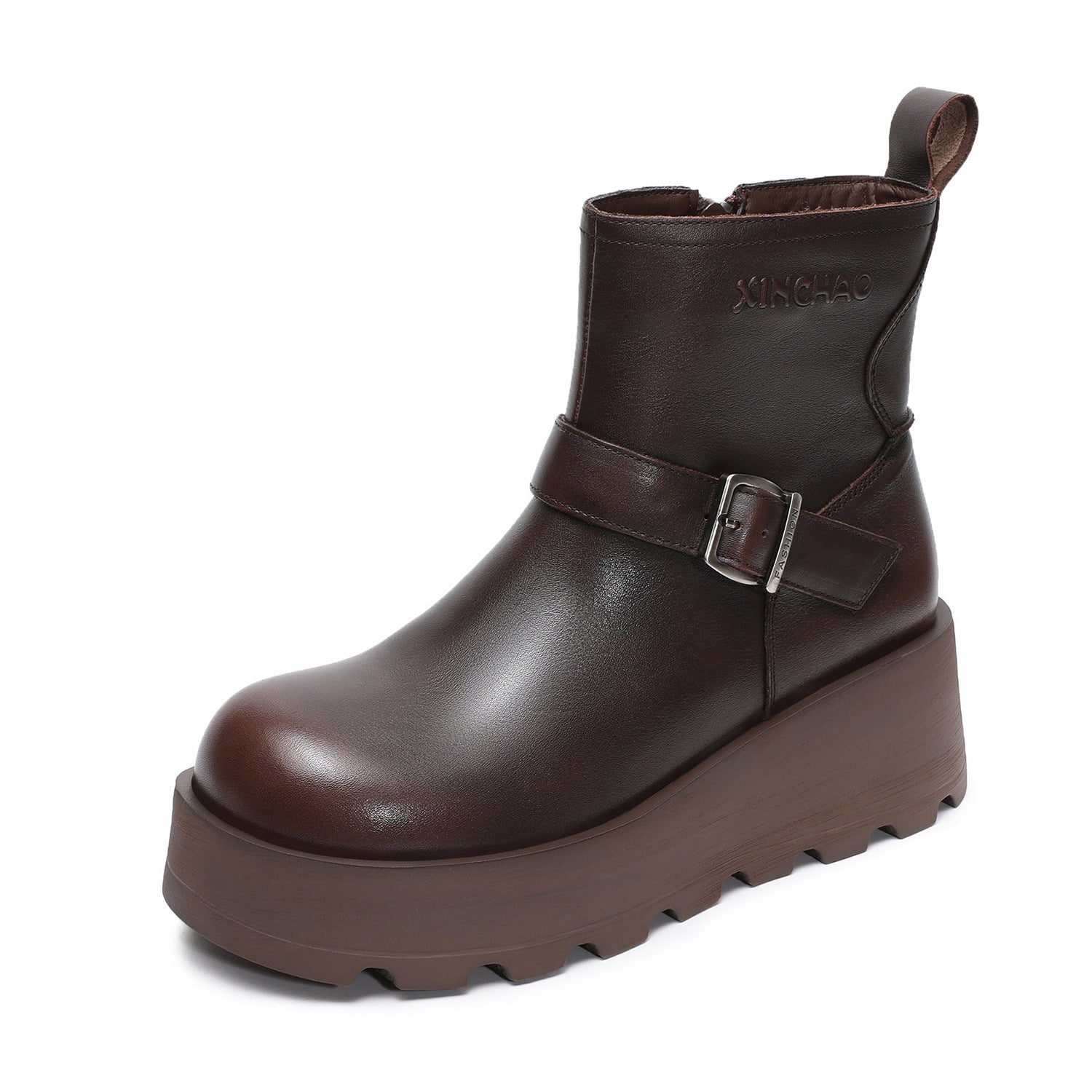 Women's Vintage Plain Leather Chunky Platform Ankle Boots-RAIIFY