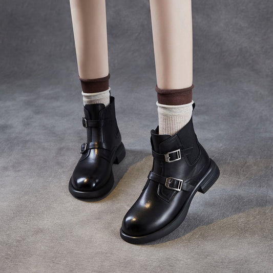 Women's Retro Buckle Leather Slip-on Ankle Boots