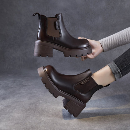 Women's Plain Leather Chunky Heel Slip-on Ankle Boots