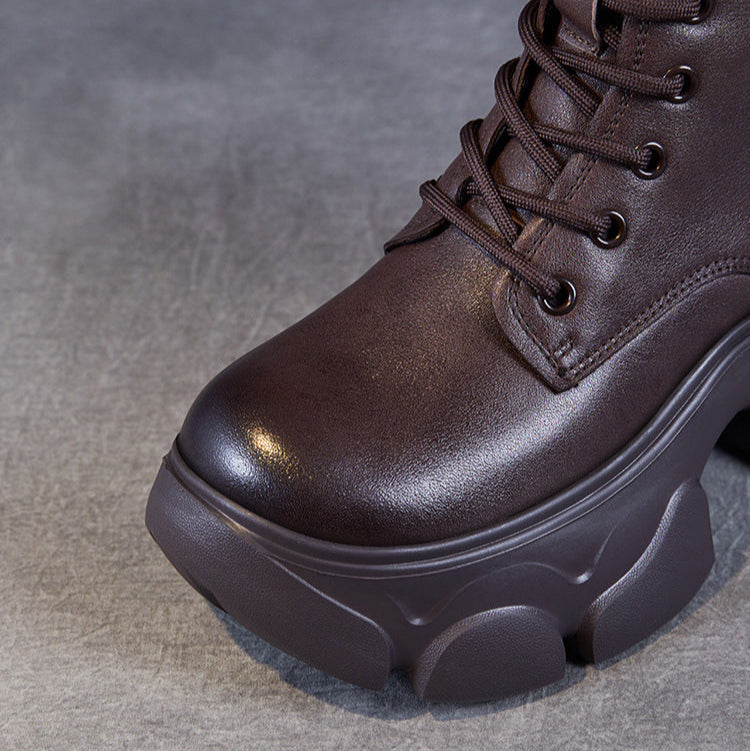 Women's Retro Plain Leather Chunky Platform Boots