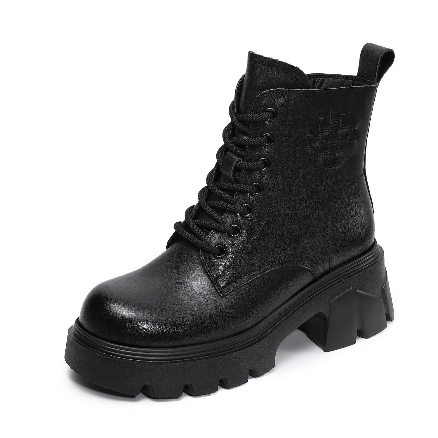 Women's Plain Embossed Leather Chunky Platform Boots-RAIIFY