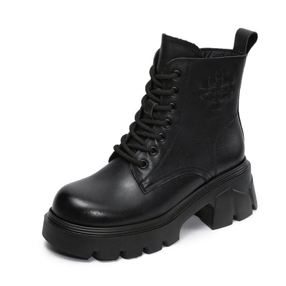 Women's Plain Embossed Leather Chunky Platform Boots-RAIIFY