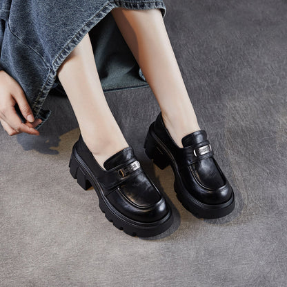 Women's Vintage Leather Metal Buckle Platform Loafers