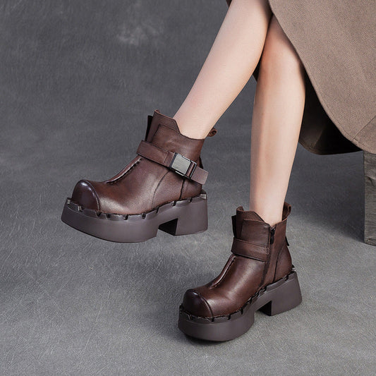 Women's Vintage Leather Buckle Platform Ankle Boots