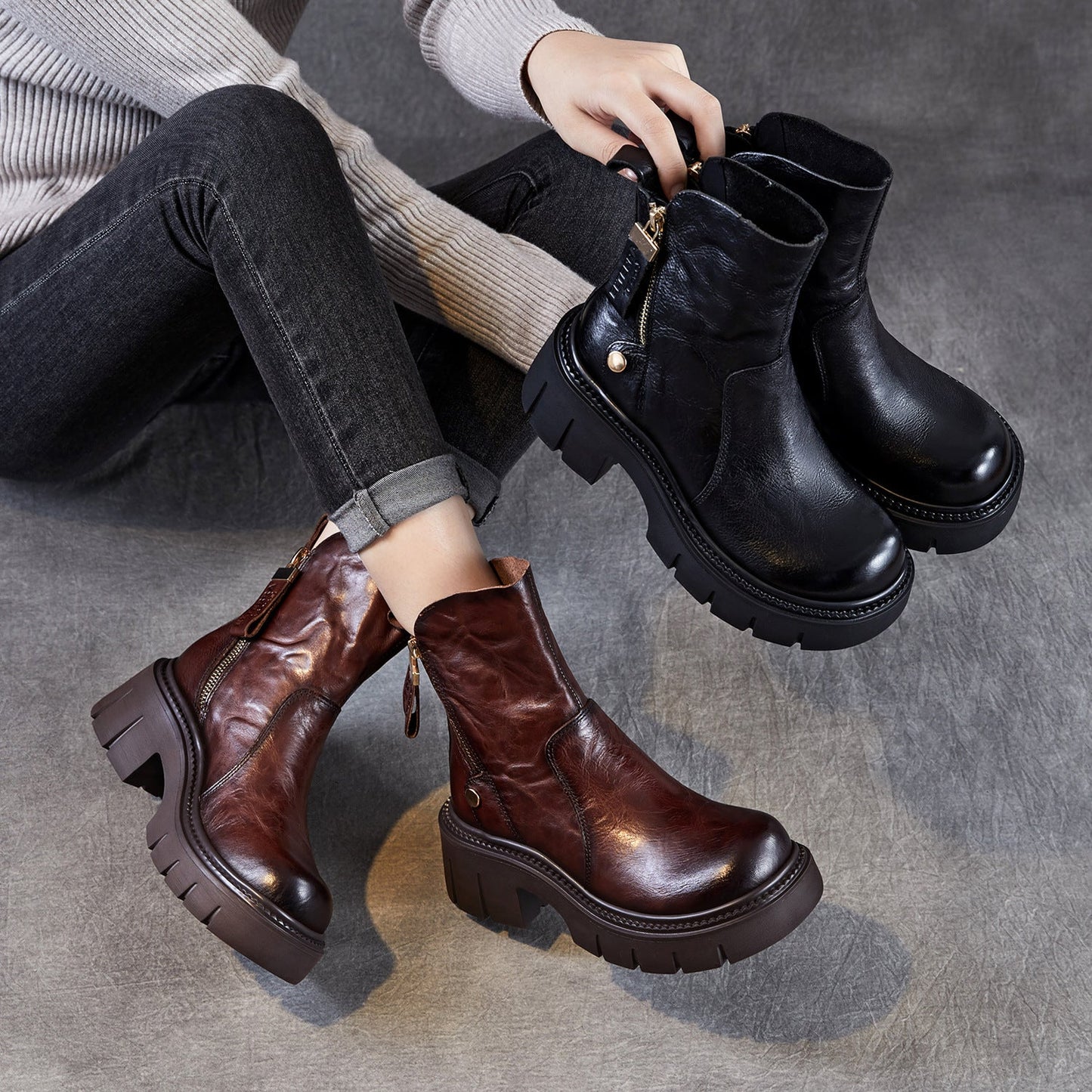 Women's Vintage Leather Chunky Platform Boots