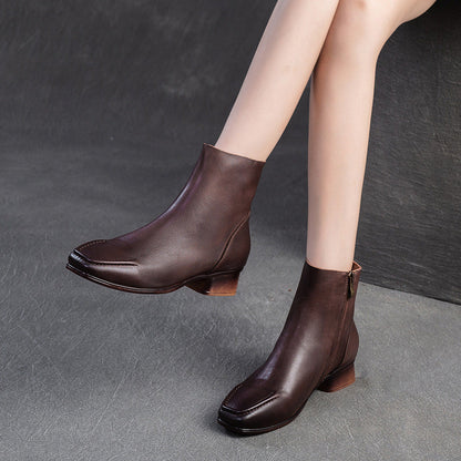 Women's Retro Soft Leather Comfort Low Block Ankle Boots