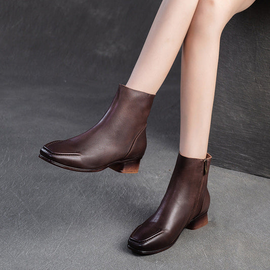 Women's Retro Soft Leather Comfort Low Block Ankle Boots