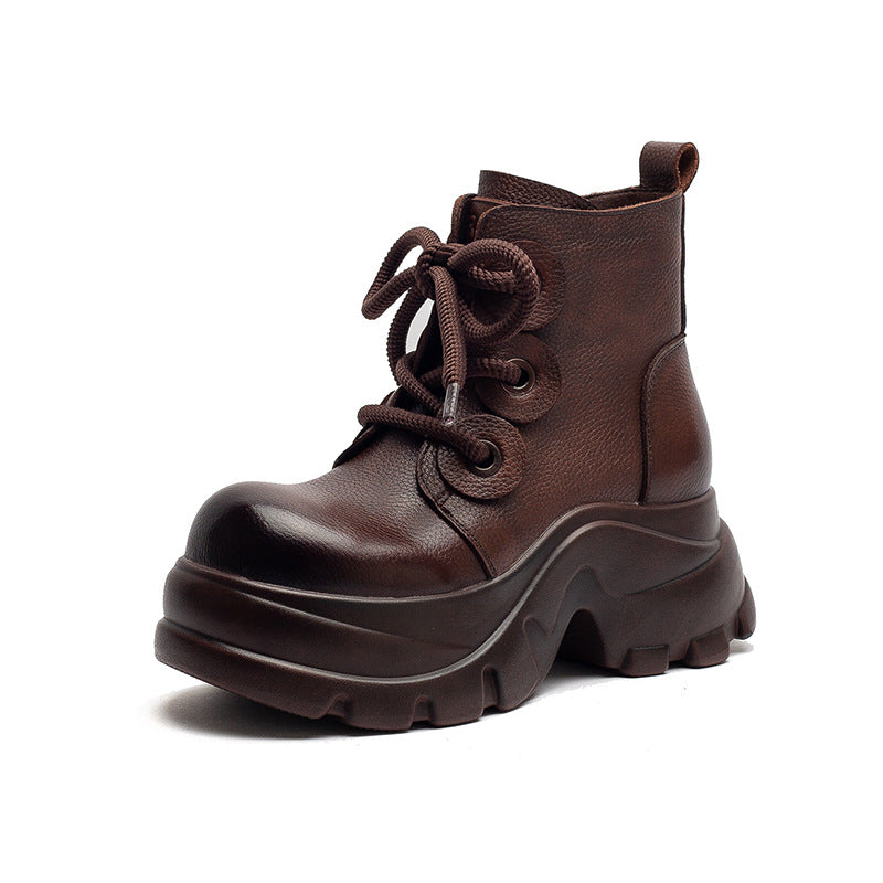 Women's Retro Plain Leather Platform Motorcycle Boots