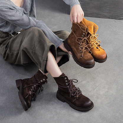 Women's Vintage Plain Leather Casual Lace-up Boots