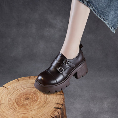 Women's Plain Leather Buckle Chunky Heel Loafers