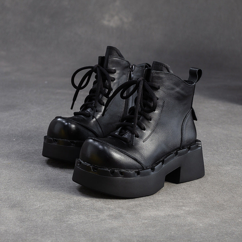 Women's Retro Leather Chunky Platform Ankle Boots-RAIIFY