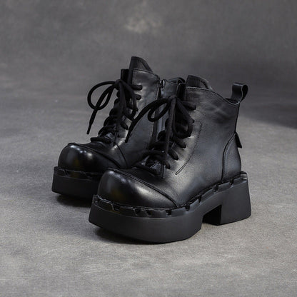Women's Retro Leather Chunky Platform Ankle Boots-RAIIFY